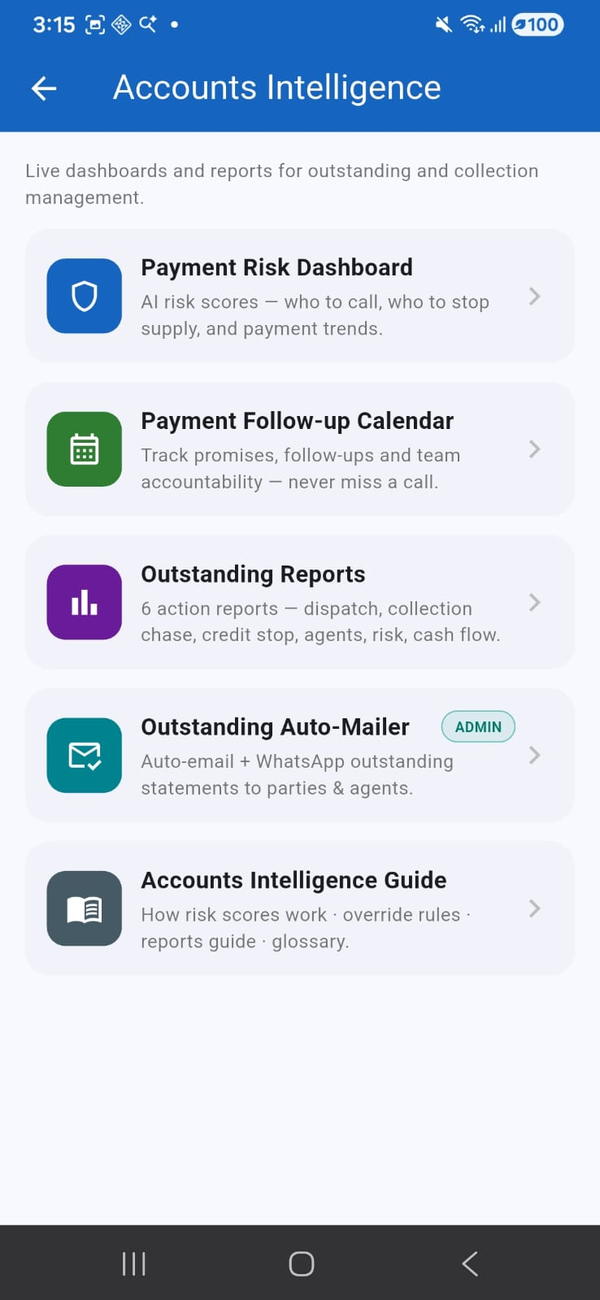 Accounts Intelligence menu